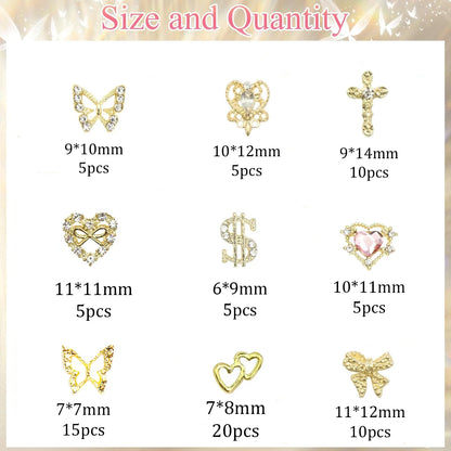 80PCS Gold Nail Charms 12 Shapes Gold Heart Nail Charm 3D Butterfly Nail Charms Alloy Gold Nail Crosses Shiny Money Sign