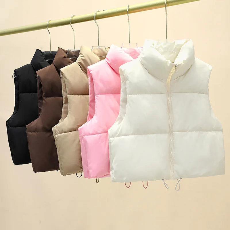 Women Autumn Winter Short Down Vest Stand Collar Warm Casual Elegant Sleeveless Coats Outdoor Quilted Travel Jackets Clothes