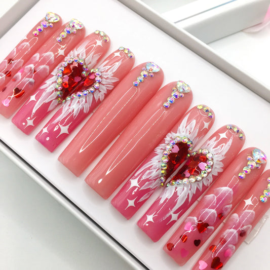 Newest Hand-painted Long Coffin Handmade french Design 3D Luxury Rhinestone Acrylic Gel Press on Nails