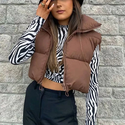 Women Autumn Winter Short Down Vest Stand Collar Warm Casual Elegant Sleeveless Coats Outdoor Quilted Travel Jackets Clothes