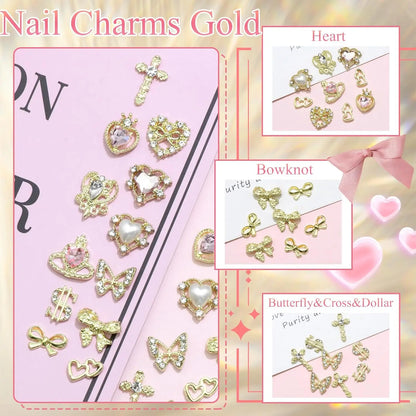 80PCS Gold Nail Charms 12 Shapes Gold Heart Nail Charm 3D Butterfly Nail Charms Alloy Gold Nail Crosses Shiny Money Sign