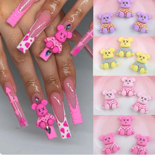 10Pcs Kawaii Bear Shaped Nail Art Charms 3D Resin Cute Color Bear Bow Nails Decoration Luxury Designs DIY Manicure Accessories