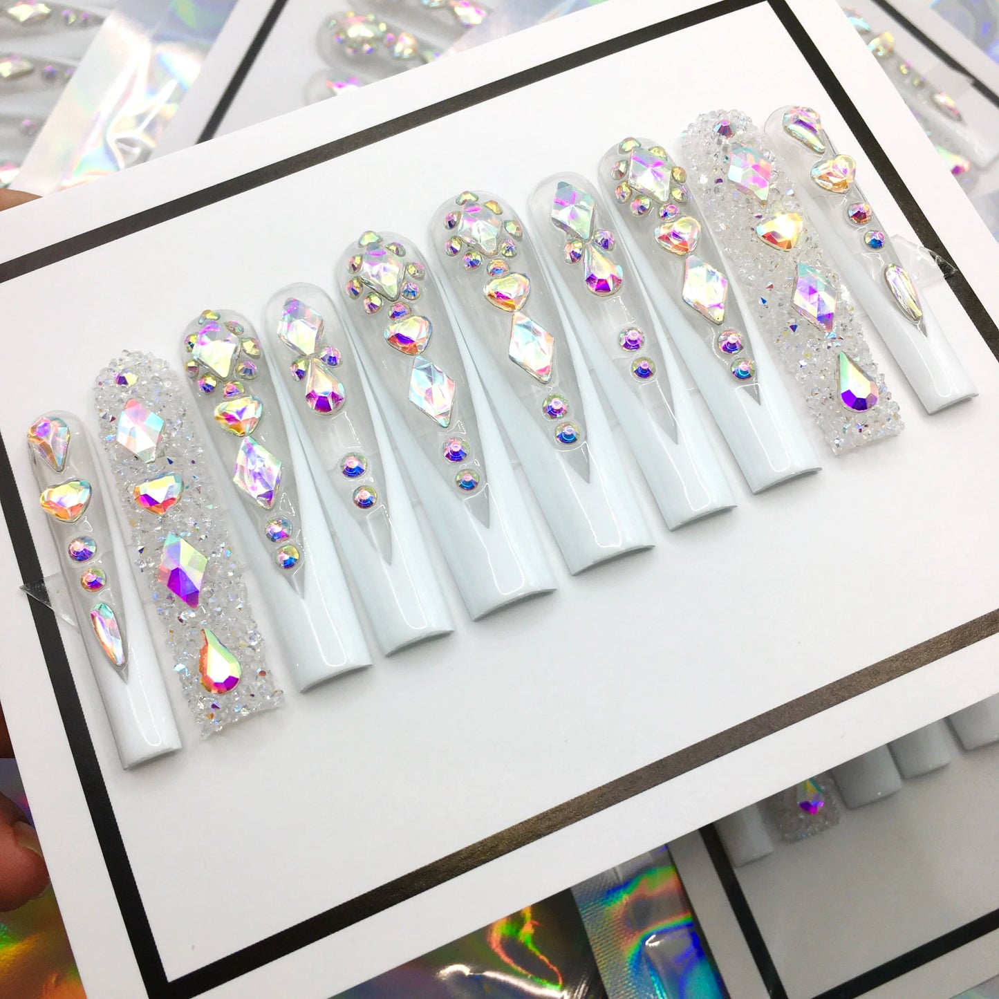 Newest Hand-painted Long Coffin Handmade french Design 3D Luxury Rhinestone Acrylic Gel Press on Nails