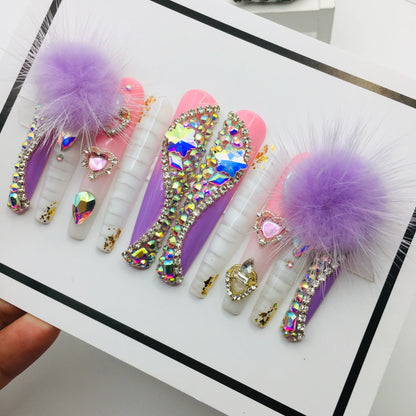 Newest Hand-painted Long Coffin Handmade french Design 3D Luxury Rhinestone Acrylic Gel Press on Nails