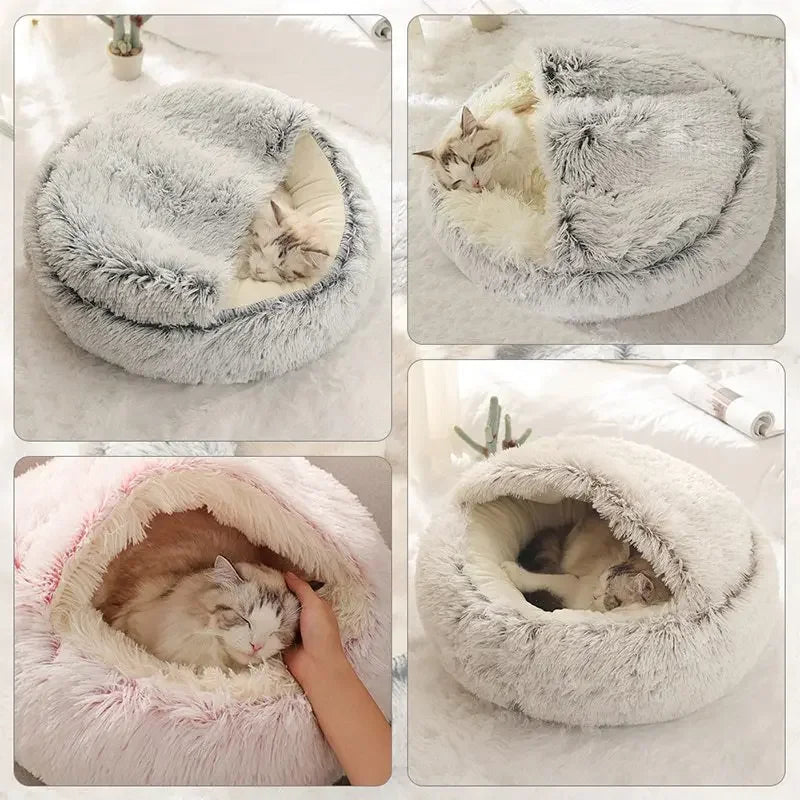 2 in 1 Soft Plush Pet Bed with Cover Round Cat Bed Pet Mattress Warm C Cat Dog Sleeping Nest Cave  for Small Dogs kitten