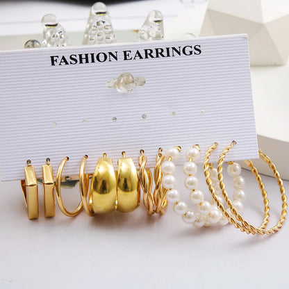 6-24 Pairs Set Geometry Gold Plated Metal Faux Pearl Hoop Earrings Set for Women Vintage Round Circle C Shape Earring Jewelry