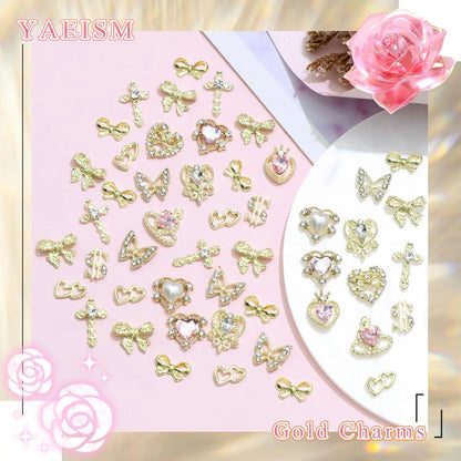 80PCS Gold Nail Charms 12 Shapes Gold Heart Nail Charm 3D Butterfly Nail Charms Alloy Gold Nail Crosses Shiny Money Sign