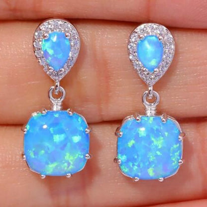 Trendy Earrings Shiny Silver Color Water Drop Square Inlaid with Blue Stone Dangle Earrings for Women Party Wedding Jewelry