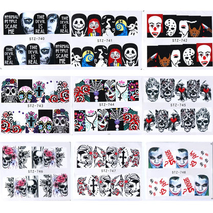 24 Pcs Halloween Nail Art Water Sticker Set Anime Skull Bone Decals Gel Polish Slider Accessories Nail Decorations LASTZ731-755