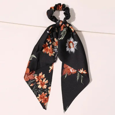 Floral Print Bow Satin Long Ribbon Ponytail Scarf Hair Tie Scrunchies Women Girls Elastic Hair Bands Hair Accessories