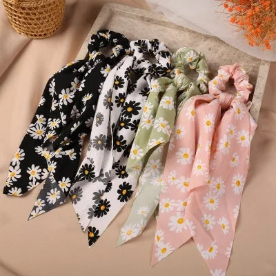 Floral Print Bow Satin Long Ribbon Ponytail Scarf Hair Tie Scrunchies Women Girls Elastic Hair Bands Hair Accessories