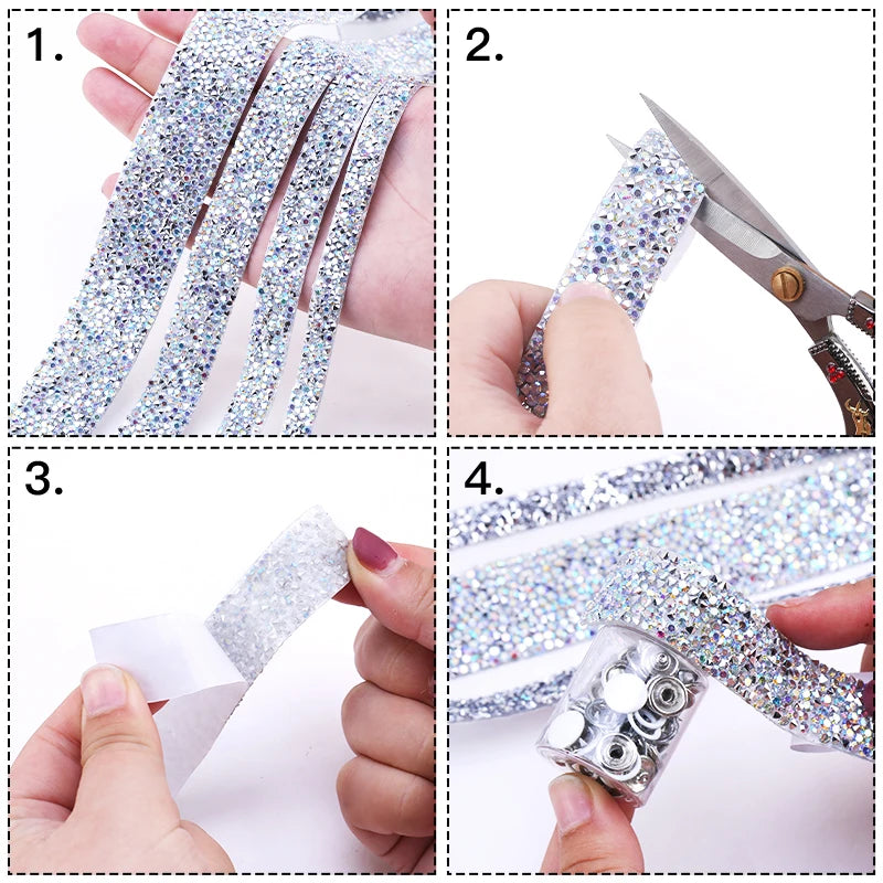 QIAO Self-adhesive Rhinestones Trim Glitter Crystal Tape Strass Ribbon Chain Rhinestones Trim For DIY Crafts Decorations