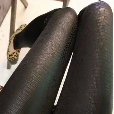 Snakeskin Leggings Women PU Leather Pants Pattern High Stretch Quality Skinny Black Matte Casual Punk Rock Leggings