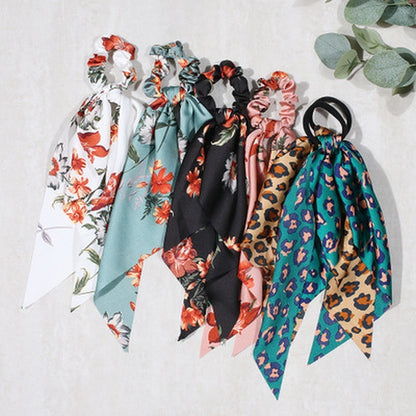 Floral Print Bow Satin Long Ribbon Ponytail Scarf Hair Tie Scrunchies Women Girls Elastic Hair Bands Hair Accessories