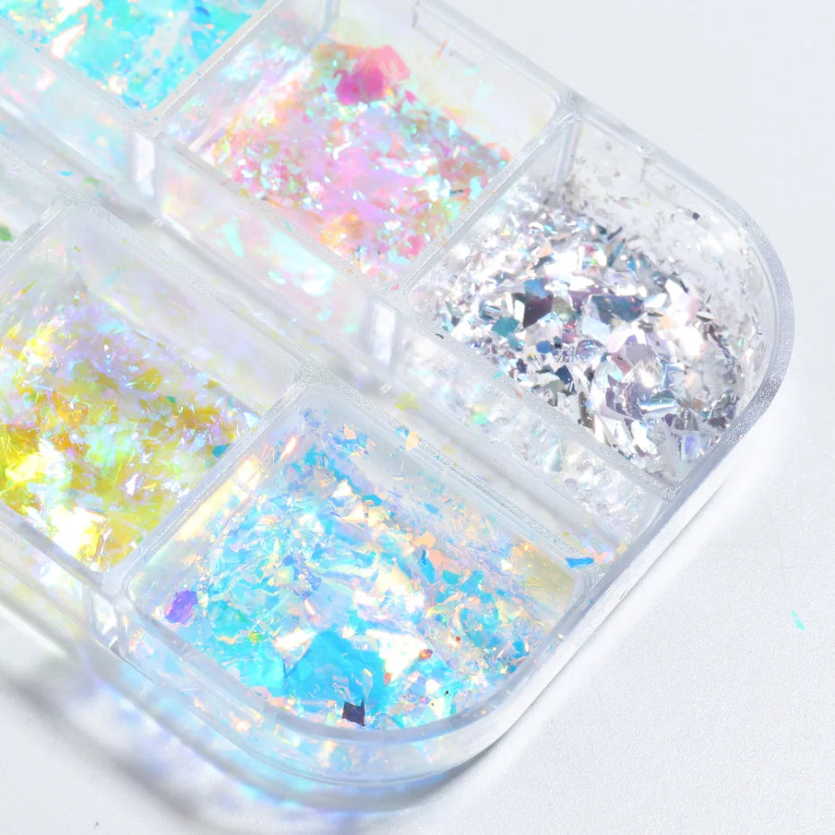 6 Grid Snow Crystal Nail Glitter Powder Sparkly Ice Chrome Flakes Reflective Thin Sequins Autumn Winter Nail Art Decoration LAXR