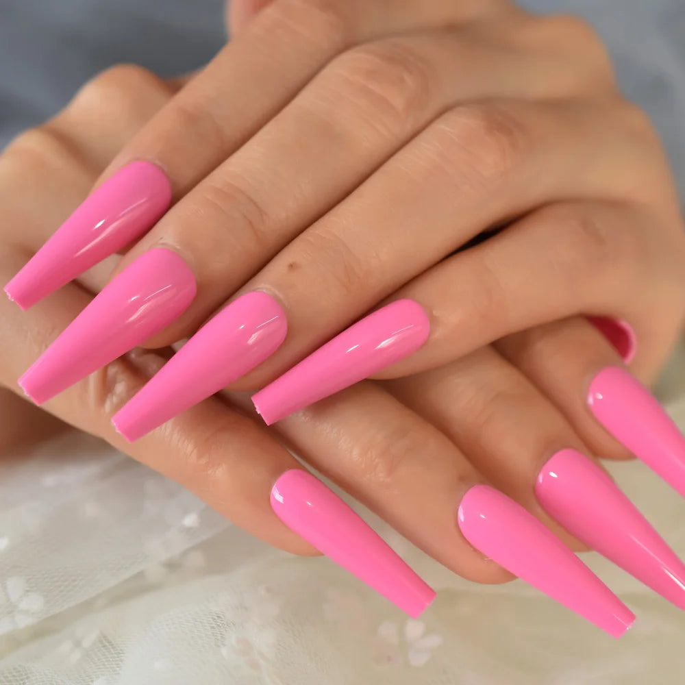 24pcs /set Super Long Fake Nails Coffin Glossy Artificial Press On Nails Pink False Girls Ballerina Full Cover Fingernails Tips