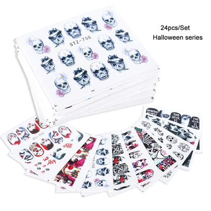 24 Pcs Halloween Nail Art Water Sticker Set Anime Skull Bone Decals Gel Polish Slider Accessories Nail Decorations LASTZ731-755