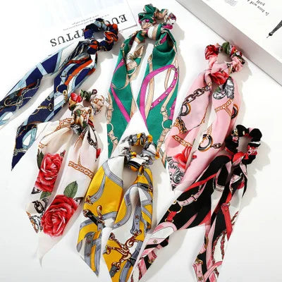 Floral Print Bow Satin Long Ribbon Ponytail Scarf Hair Tie Scrunchies Women Girls Elastic Hair Bands Hair Accessories