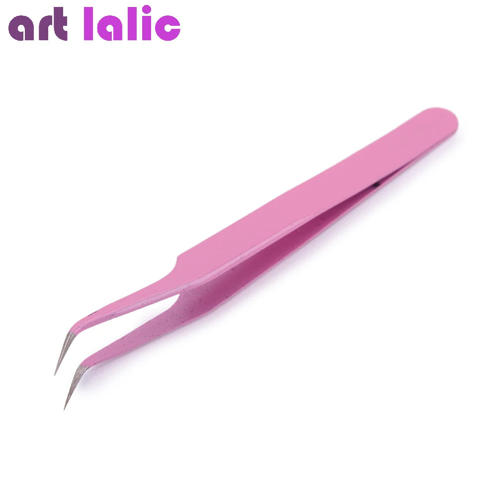 Pink Stainless steel tweezers, straight and curved tweezers, eyelash extension tools, nail art accessories, 2PCs