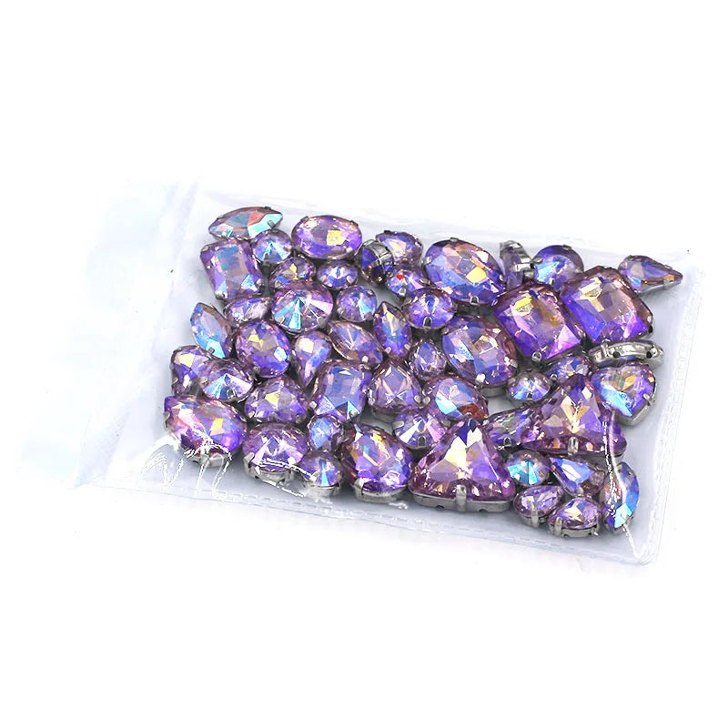 Clothing accessories mixed shape Crystal Violet AB glass crystal sewing rhinestones with silver base for dress/garment/shoes