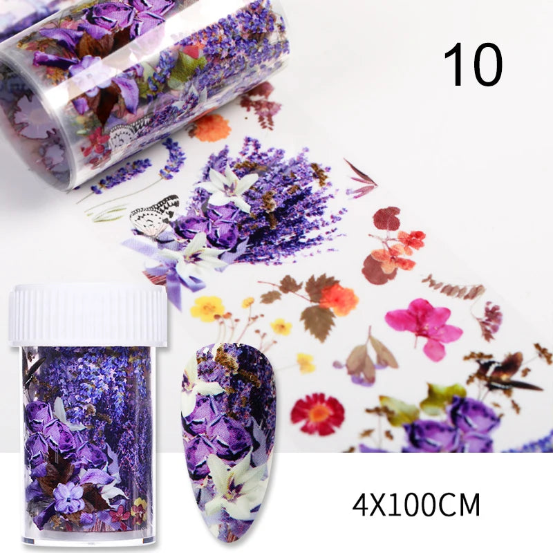 1 Roll Autumn Maple Leaves Lavender Nail Foils  Colorful  Flowers Nail Art Transfer Stickers Paper DIY Nail Art Decorations