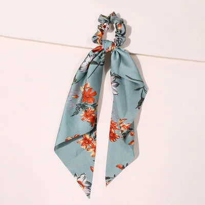 Floral Print Bow Satin Long Ribbon Ponytail Scarf Hair Tie Scrunchies Women Girls Elastic Hair Bands Hair Accessories