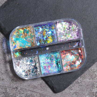 6 Grid Snow Crystal Nail Glitter Powder Sparkly Ice Chrome Flakes Reflective Thin Sequins Autumn Winter Nail Art Decoration LAXR