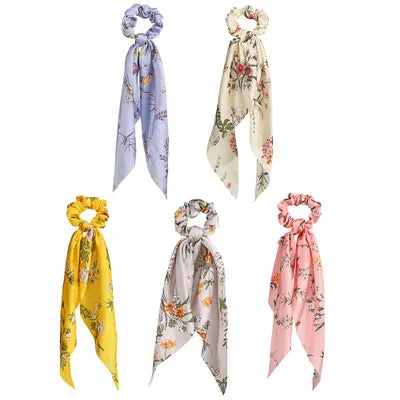 Floral Print Bow Satin Long Ribbon Ponytail Scarf Hair Tie Scrunchies Women Girls Elastic Hair Bands Hair Accessories