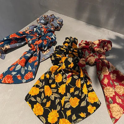 Floral Print Bow Satin Long Ribbon Ponytail Scarf Hair Tie Scrunchies Women Girls Elastic Hair Bands Hair Accessories