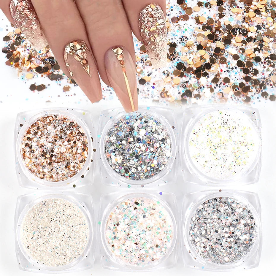 6pc Glitter For Nails Mixed Hexagon Sequin Champagne Laser Sliver Nail Art Flakes Paillette Manicure Decoration Design LA1539-27