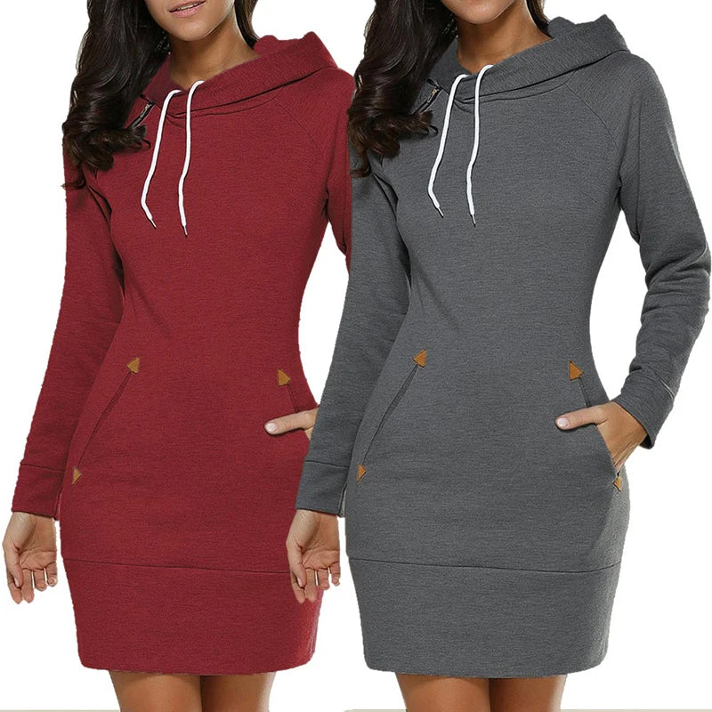 Women‘s Knee-Length Pockets Dress Hooded Warm Sweat Shirt Long Sleeve Side Zip Neckline Simple Casual Sports Skirt