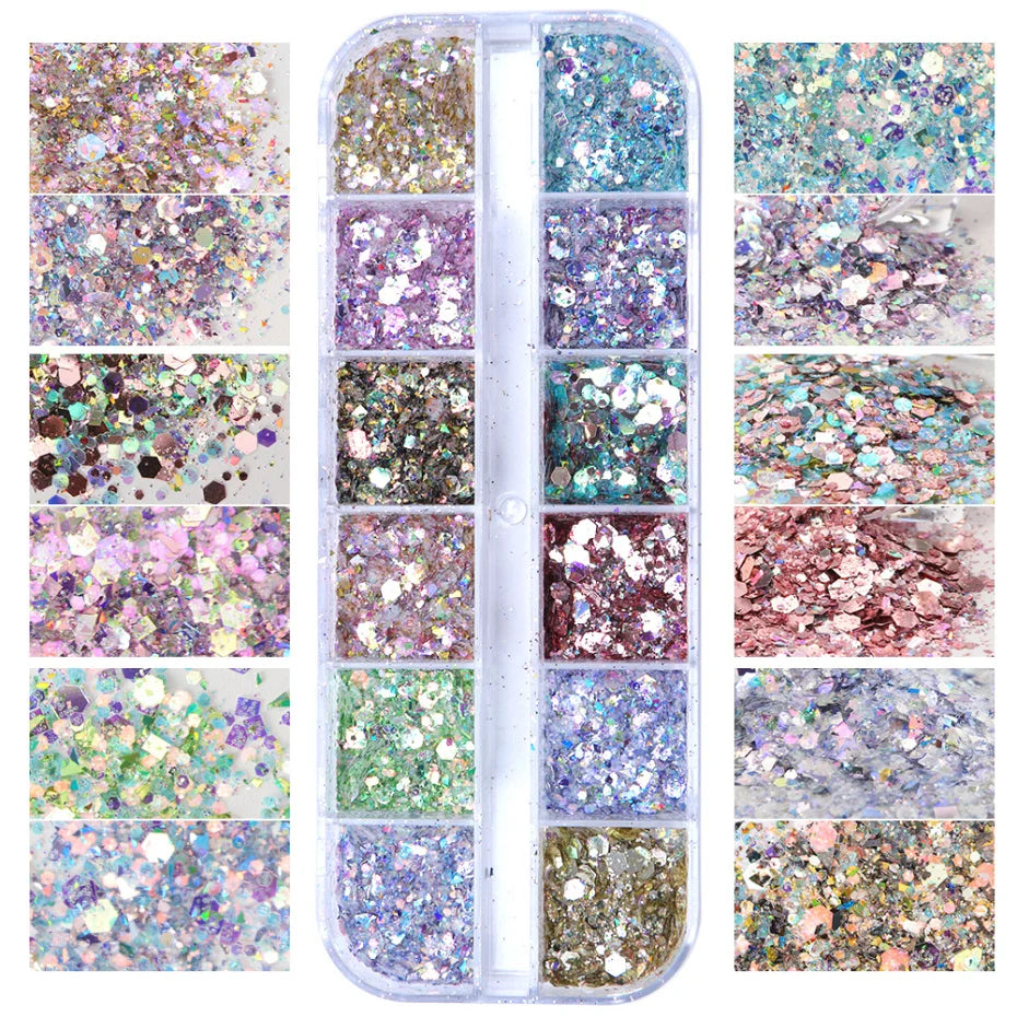 Iridescent Mixed Hexagon Nail Glitter Sequins Holo Flakes Nail Art Powder Gel Polish Paillette Manicure Accessories LADJ01-12-2