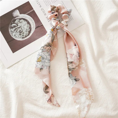 Floral Print Bow Satin Long Ribbon Ponytail Scarf Hair Tie Scrunchies Women Girls Elastic Hair Bands Hair Accessories