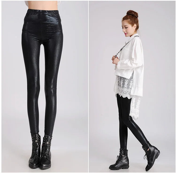 Snakeskin Leggings Women PU Leather Pants Pattern High Stretch Quality Skinny Black Matte Casual Punk Rock Leggings