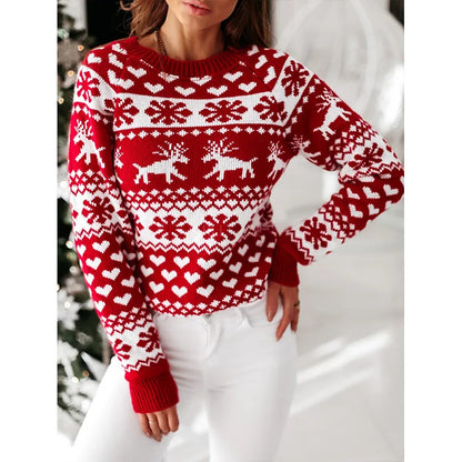 Xmas Look 2024 Women Christmas Sweater Print Jacquard Knitted Jumper Full Sleeve O Neck Warm Soft Pullover Tops Female Knitwear