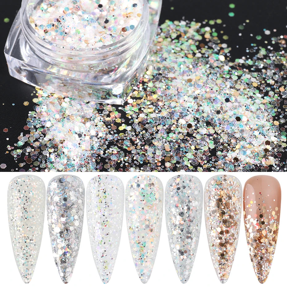 6pc Glitter For Nails Mixed Hexagon Sequin Champagne Laser Sliver Nail Art Flakes Paillette Manicure Decoration Design LA1539-27