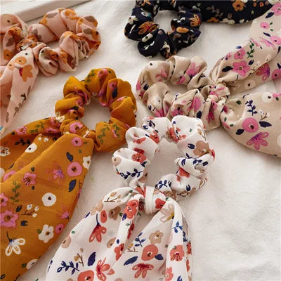 Floral Print Bow Satin Long Ribbon Ponytail Scarf Hair Tie Scrunchies Women Girls Elastic Hair Bands Hair Accessories