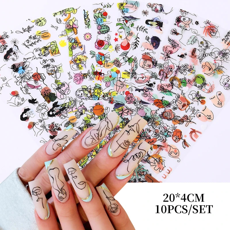 10Pcs Graffiti Picture Woman Face Design Abstract Nail Stickers Set Manicure Nail Art Decoration Transfer Paper Wraps Tips