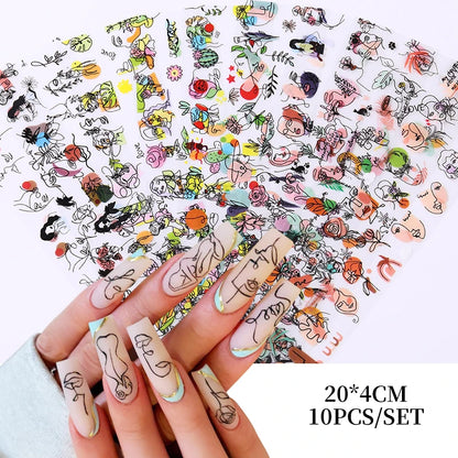 10Pcs Graffiti Picture Woman Face Design Abstract Nail Stickers Set Manicure Nail Art Decoration Transfer Paper Wraps Tips