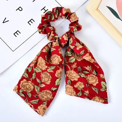 Floral Print Bow Satin Long Ribbon Ponytail Scarf Hair Tie Scrunchies Women Girls Elastic Hair Bands Hair Accessories