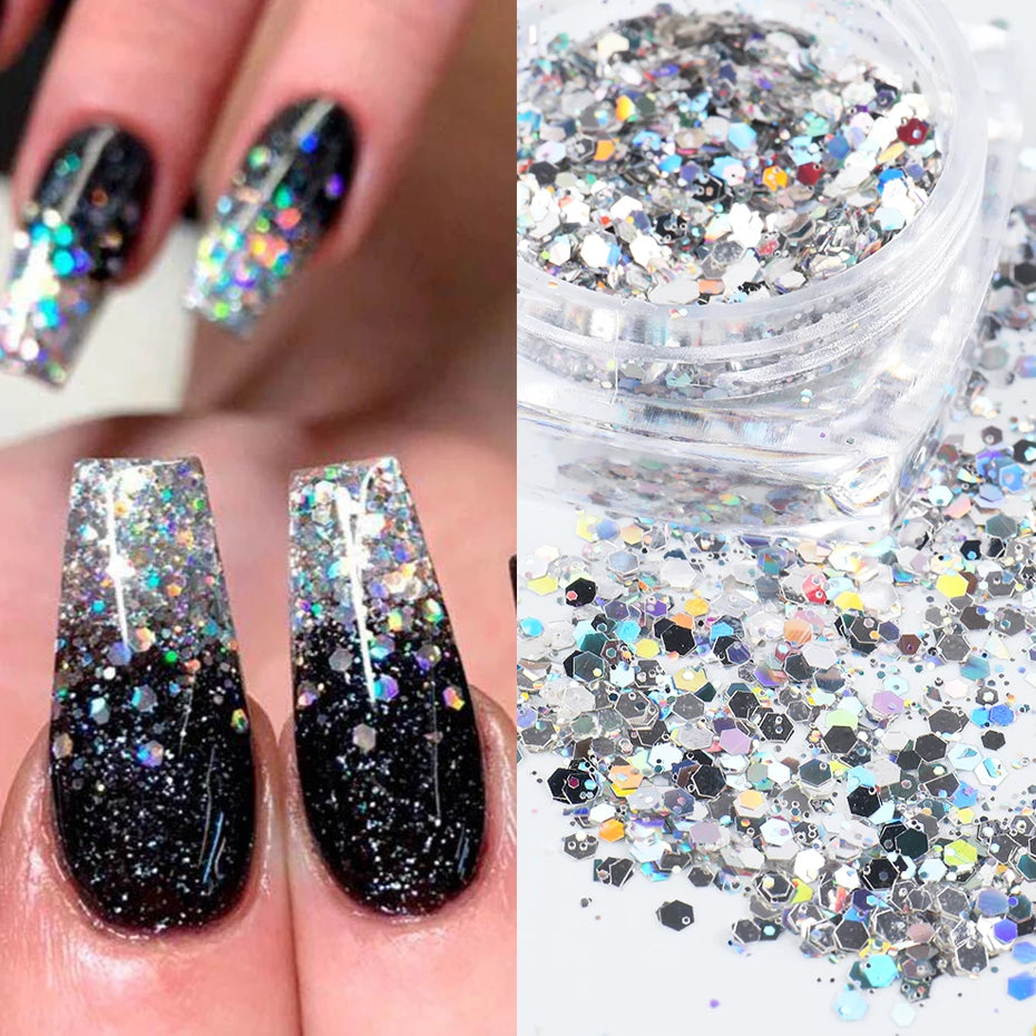 6pc Glitter For Nails Mixed Hexagon Sequin Champagne Laser Sliver Nail Art Flakes Paillette Manicure Decoration Design LA1539-27