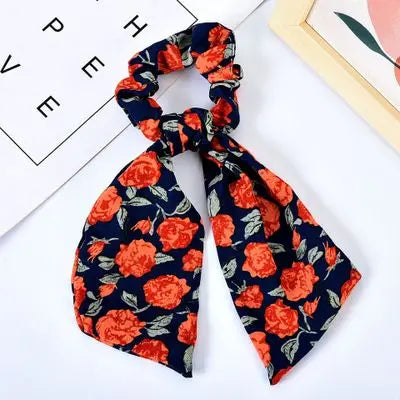 Floral Print Bow Satin Long Ribbon Ponytail Scarf Hair Tie Scrunchies Women Girls Elastic Hair Bands Hair Accessories