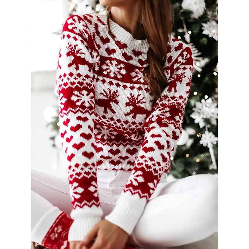 Xmas Look 2024 Women Christmas Sweater Print Jacquard Knitted Jumper Full Sleeve O Neck Warm Soft Pullover Tops Female Knitwear