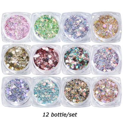 Iridescent Mixed Hexagon Nail Glitter Sequins Holo Flakes Nail Art Powder Gel Polish Paillette Manicure Accessories LADJ01-12-2