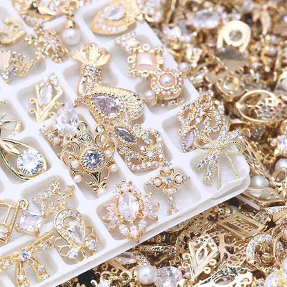 50PCS/Lot Metal Zircon Nail Charms Elegant Shapes Rhinestones Decoration With Gold Alloy Mix Styles Crystals Gem Nail Supply