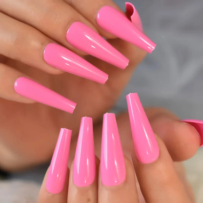 24pcs /set Super Long Fake Nails Coffin Glossy Artificial Press On Nails Pink False Girls Ballerina Full Cover Fingernails Tips