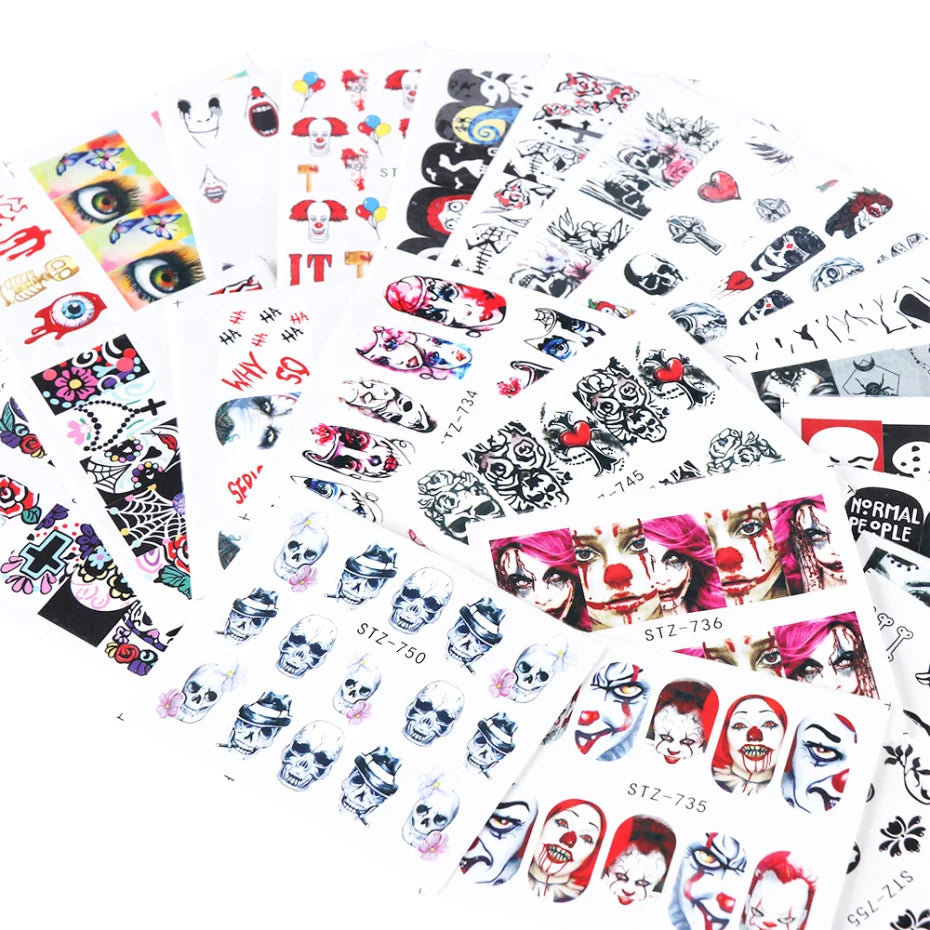 24 Pcs Halloween Nail Art Water Sticker Set Anime Skull Bone Decals Gel Polish Slider Accessories Nail Decorations LASTZ731-755