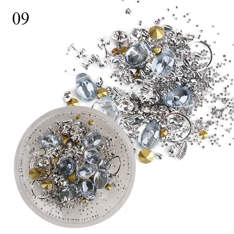 Box of Mixed 3D Rhinestones for Nail Art Decorations, Sparkle Crystal Gems Nail Jewelry Caviar Beads Charms Manicure Accessories