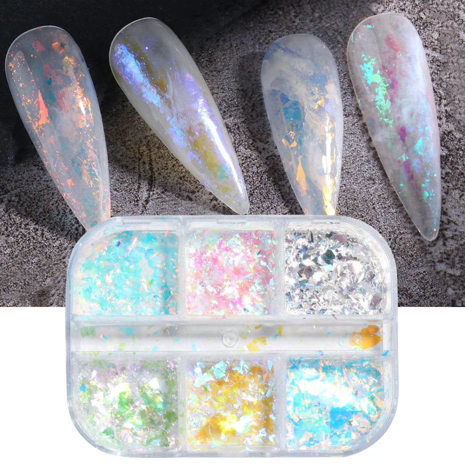 6 Grid Snow Crystal Nail Glitter Powder Sparkly Ice Chrome Flakes Reflective Thin Sequins Autumn Winter Nail Art Decoration LAXR