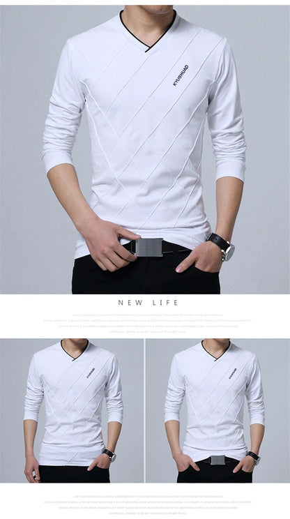 TFETTERS Fashion Men T-shirt Slim Fit Custom T-shirt Crease Design Long Stylish Luxury V Neck Fitness T-shirt Tee Shirt Homme